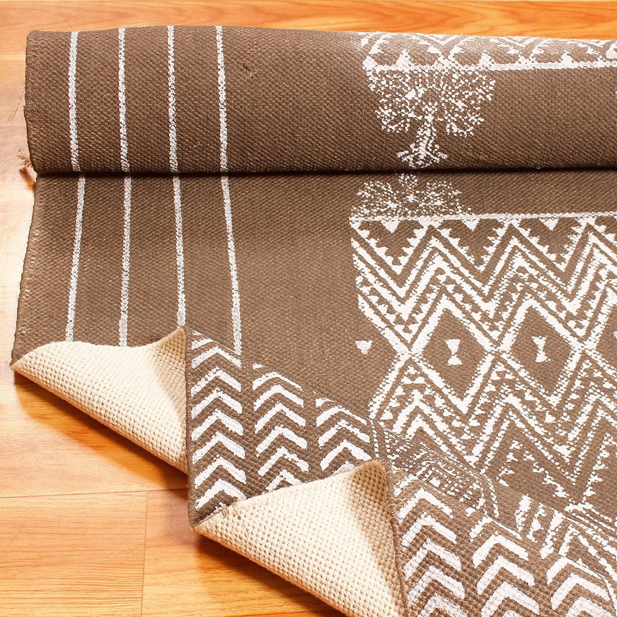 Brown Hand Block printed Cotton Area Rug - Image 7