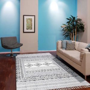 Hand Block Printed Geometric Grey Cotton Rug