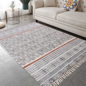 Geometric Hand Block Printed Brown Cotton Rug