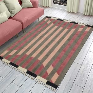 Red Striped Hand Block Printed Cotton Rug