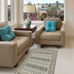 Black Hand Block Printed Geometric Cotton Rug