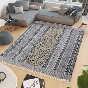 Gray Striped Hand Block Printed Cotton Rug
