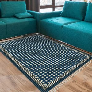 Blue Geometric Hand Block Printed Cotton Rug