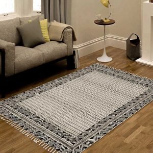 Black Grey Hand Block Printed Cotton Rug