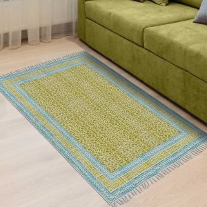 Green Geometric Hand Block Printed Cotton Rug