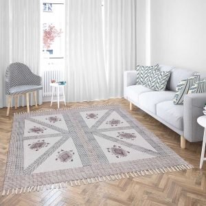 Hand Block Printed Geometric Brown Cotton Dhurrie