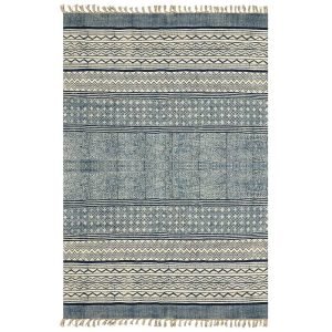 Blue beige natural cotton rug Hand block print rug Carpet for Li