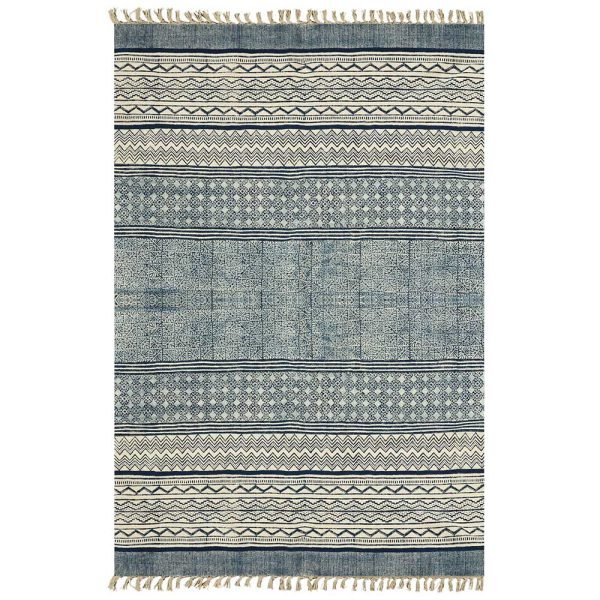 Blue beige natural cotton rug Hand block print rug Carpet for Li