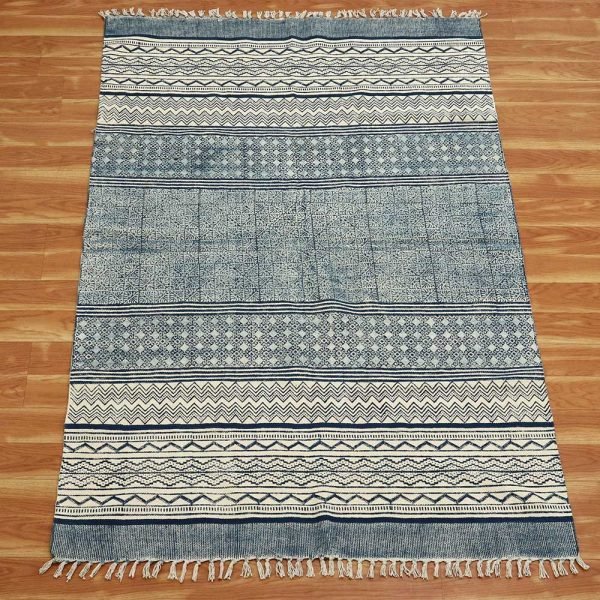 Blue beige natural cotton rug Hand block print rug Carpet for Li