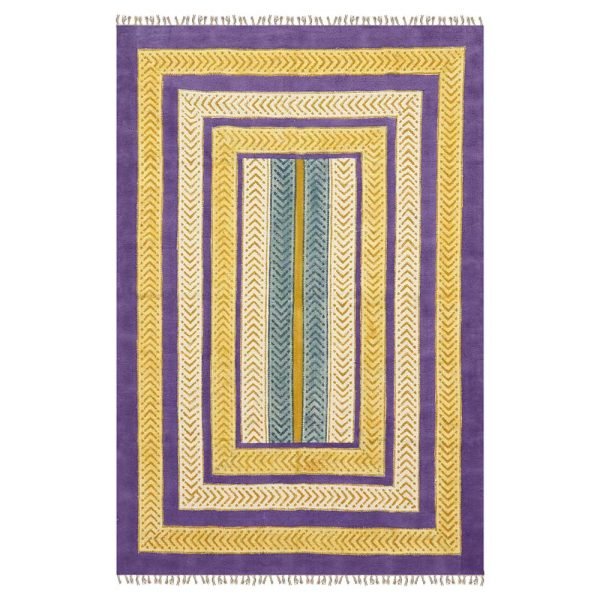 Blue yellow handmade cotton rug Hand block print rug Carpet for