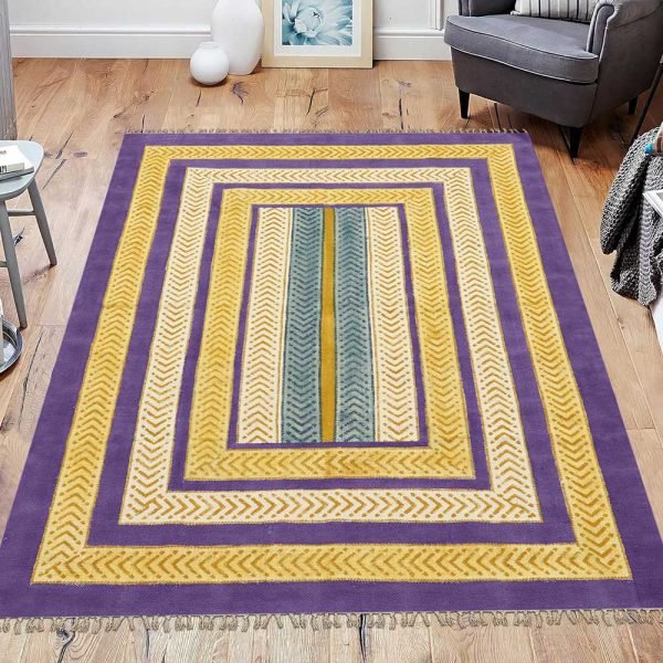 Blue yellow handmade cotton rug Hand block print rug Carpet for