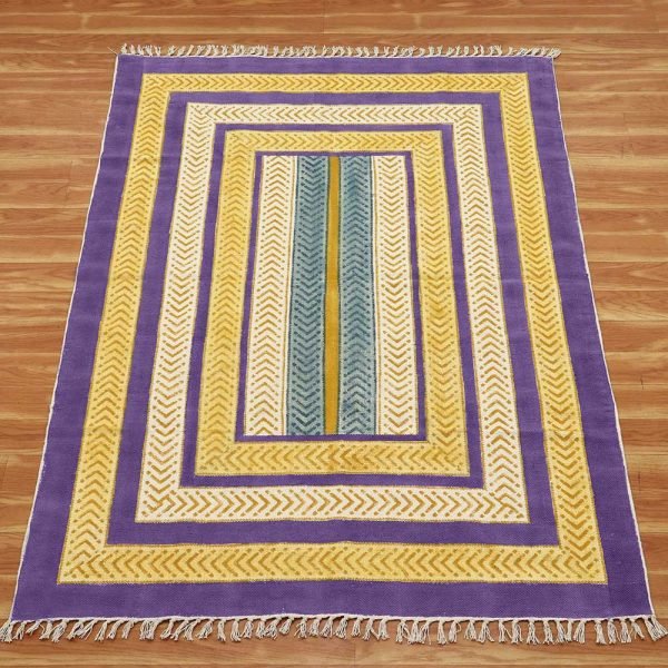Blue yellow handmade cotton rug Hand block print rug Carpet for