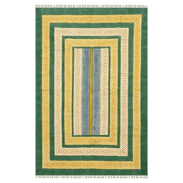 Blue yellow handmade cotton rug Hand block print rug Carpet for