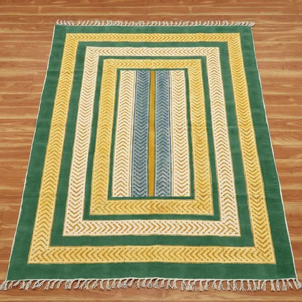 Blue yellow handmade cotton rug Hand block print rug Carpet for