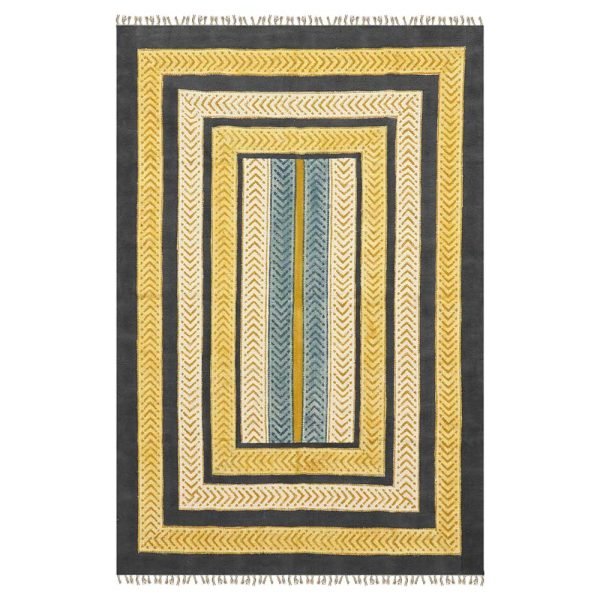 Blue yellow handmade cotton rug Hand block print rug Carpet for