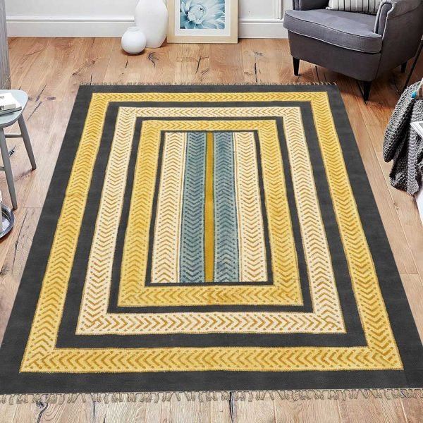 Blue yellow handmade cotton rug Hand block print rug Carpet for