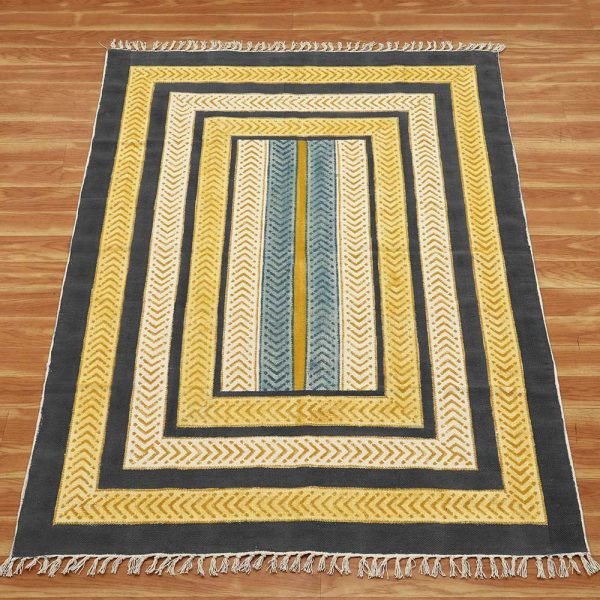Blue yellow handmade cotton rug Hand block print rug Carpet for