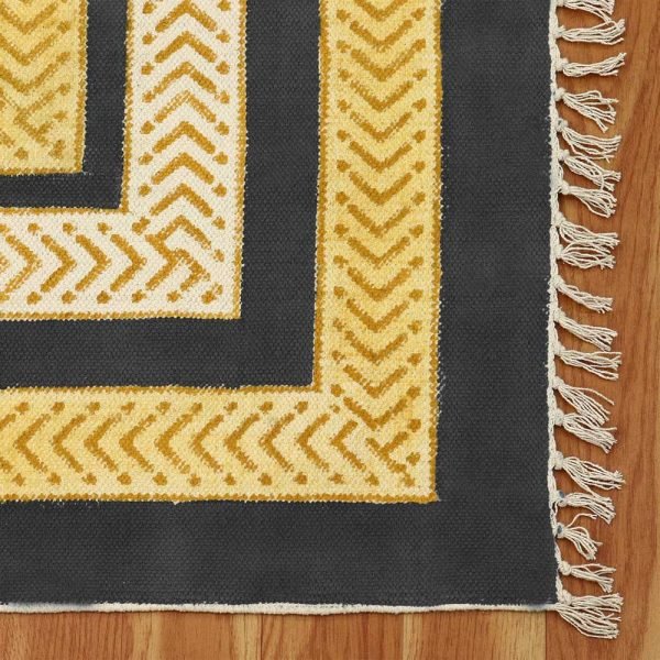 Blue yellow handmade cotton rug Hand block print rug Carpet for