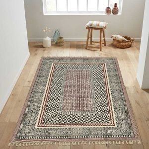 Hand Printed Cotton Black Brown Geometric Rug