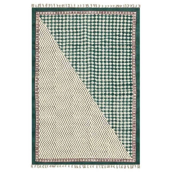 Green Beige Cotton Hand Printed Hallway Rug