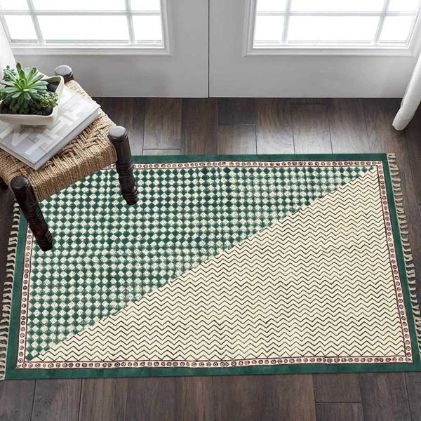 Green beige Hand block print Rug Contemporary rugs Organic cotto