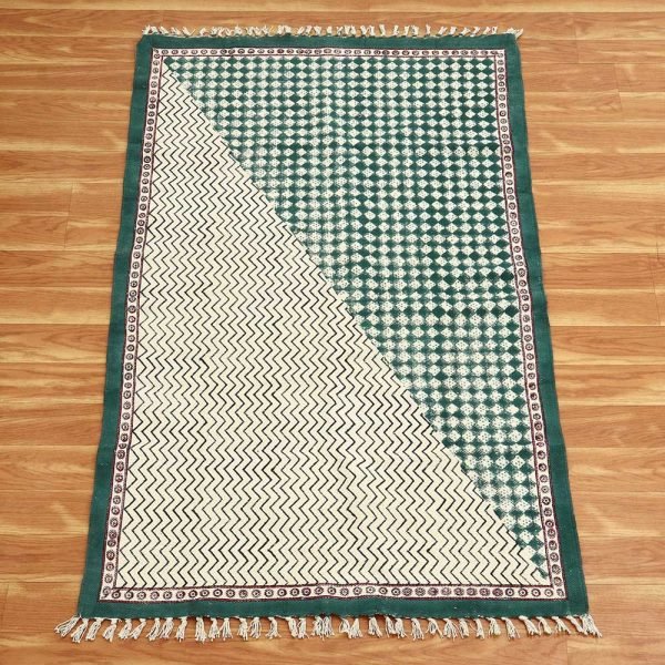 Green beige Hand block print Rug Contemporary rugs Organic cotto
