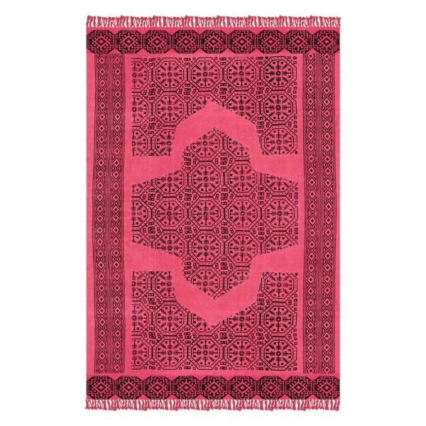 Pink Black Hand Block Printed Cotton Rug
