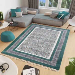 Oriental Hand Block Printed Green Cotton Rug