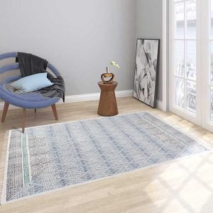 Geometric Blue Hand Block Printed Cotton Rug