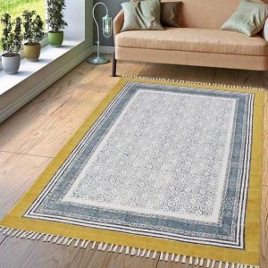 Yellow Bordered Rug Block Print Cotton Rug