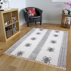 Striped White Hand Block Printed Rug