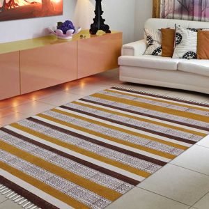 Yellow Striped Hand Block Printed Cotton Rug