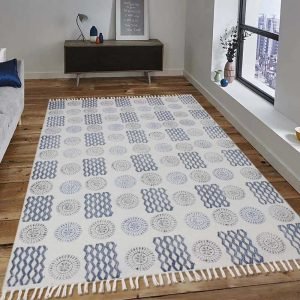 Abstract Blue Hand Block Printed Cotton Rug
