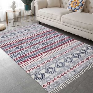 Cotton Rug Hand Block Printed Red Geometric Rug