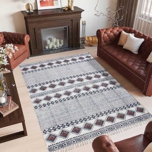 Hand Block Printed Brown Cotton Area Rug