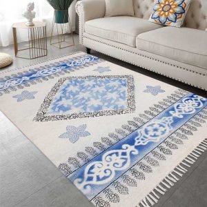 Hand Block Printed Blue Geometric Cotton Rug