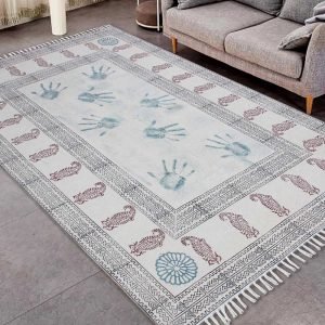 Bordered Hand Block Printed Cotton Rug