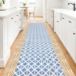 Blue Striped Hand Block Printed Cotton Rug