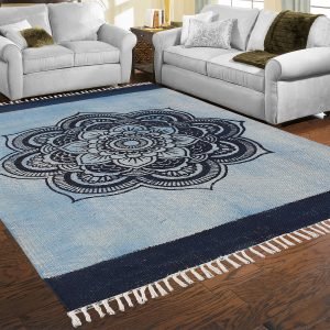 Hand Block Printed Floral Blue Cotton Rug