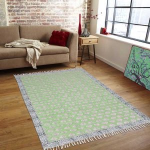 Hand Block Printed Bordered Green Cotton Rug