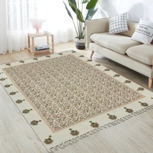 Hand Block Printed Floral Green Cotton Rug