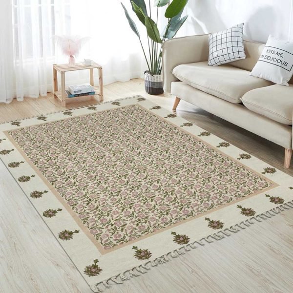 7x10 feet Bedroom rug Large area rug Hand block design dhurrie H