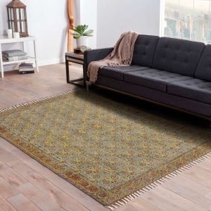 Yellow Floral Hand Block Printed Cotton Rug