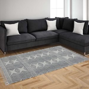 Gray Geometric Hand Block Printed Cotton Rug