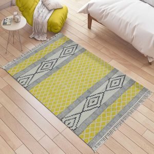 Block Printed Yellow Geometric Cotton Rug