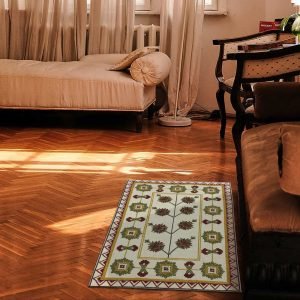 Floral Hand Block Printed Beige Cotton Rug