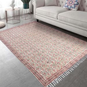 Hand Block Print Cotton Red Beige Floral Rug