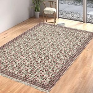 Red Beige Floral Hand Block Print Cotton Rug