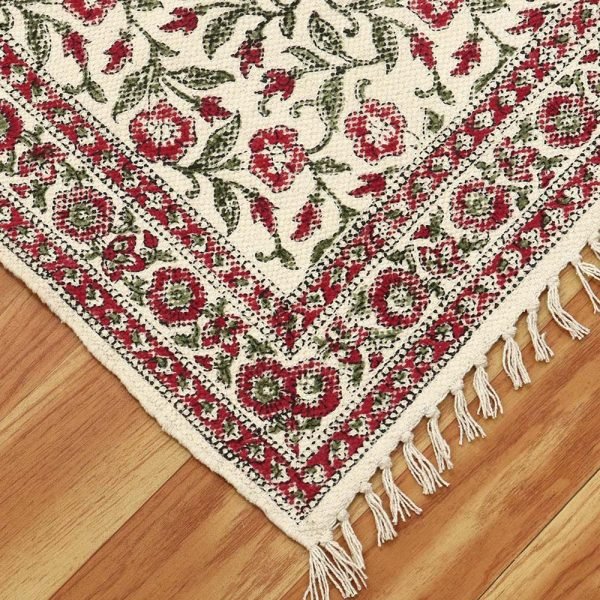 Red beige handmade mothers day gift Block printed cotton area ru