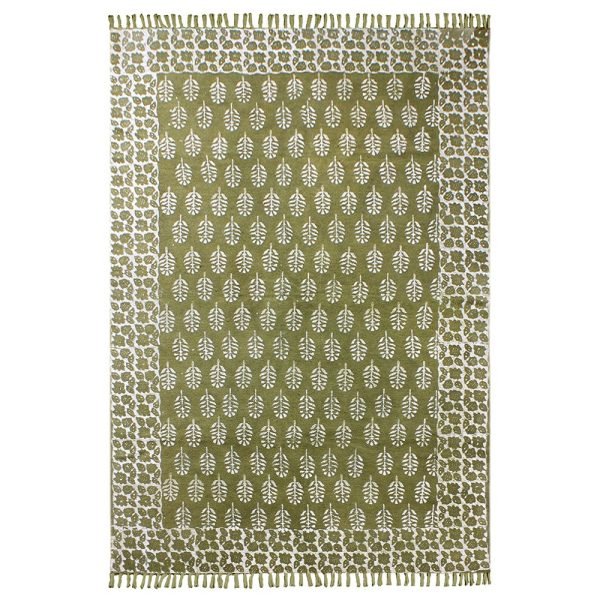 Hand Block Printed Green Cotton Area Rug